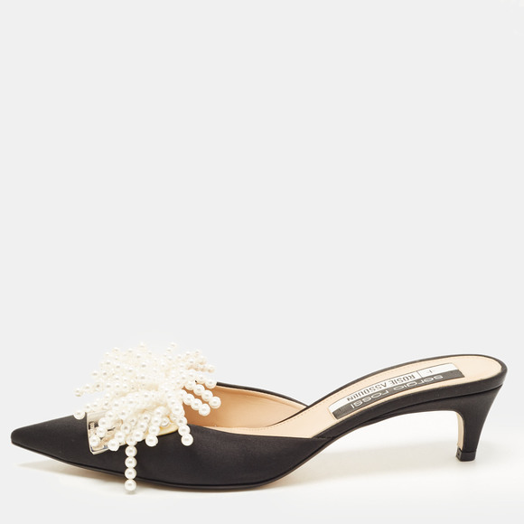 Sergio Rossi Shoes - Sergio Rossi x Rosie Assoulin Black Satin Pearl Embellished Mules Size 39.5